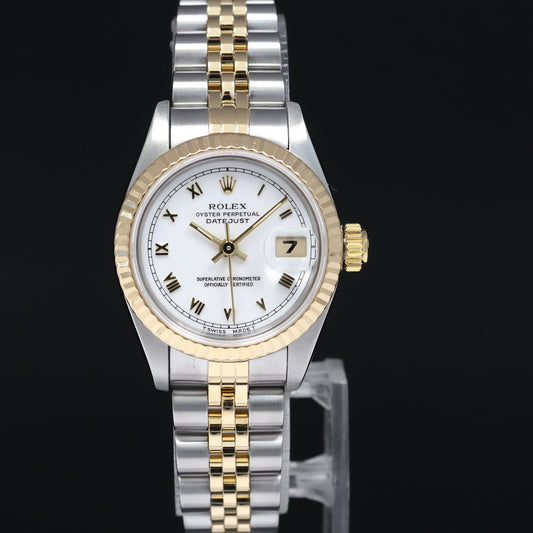 MINT Ladies Rolex DateJust 26mm 69173 White Roman Two Tone Yellow Gold Jubilee Watch