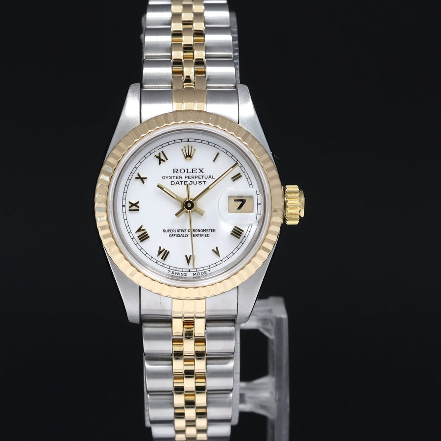 MINT Ladies Rolex 26mm 69173 DateJust White Roman Two Tone Yellow Gold Jubilee Watch