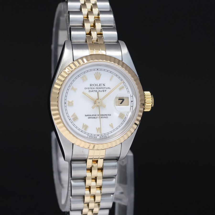 MINT Ladies Rolex 26mm 69173 DateJust White Roman Two Tone Yellow Gold Jubilee Watch