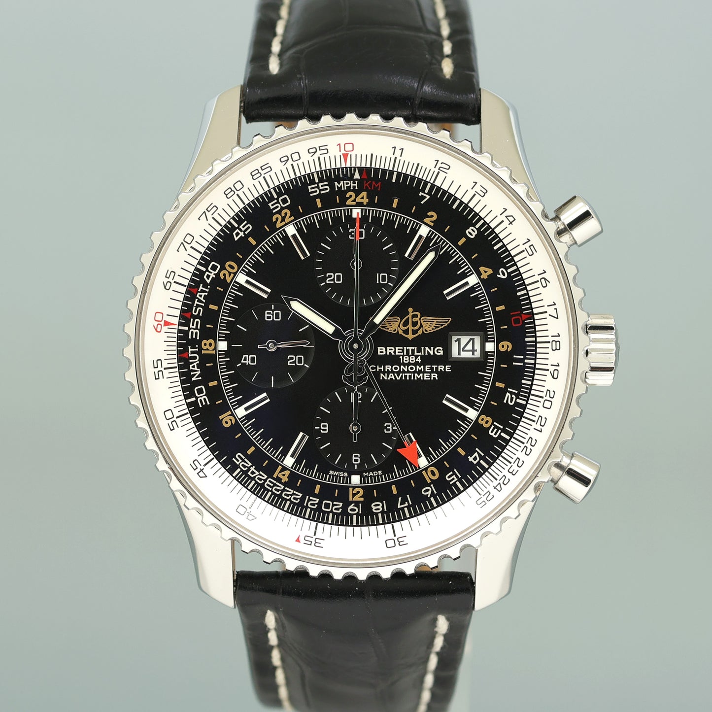 MINT Breitling Navitimer World A24322 46mm Black Steel Chrono GMT Watch