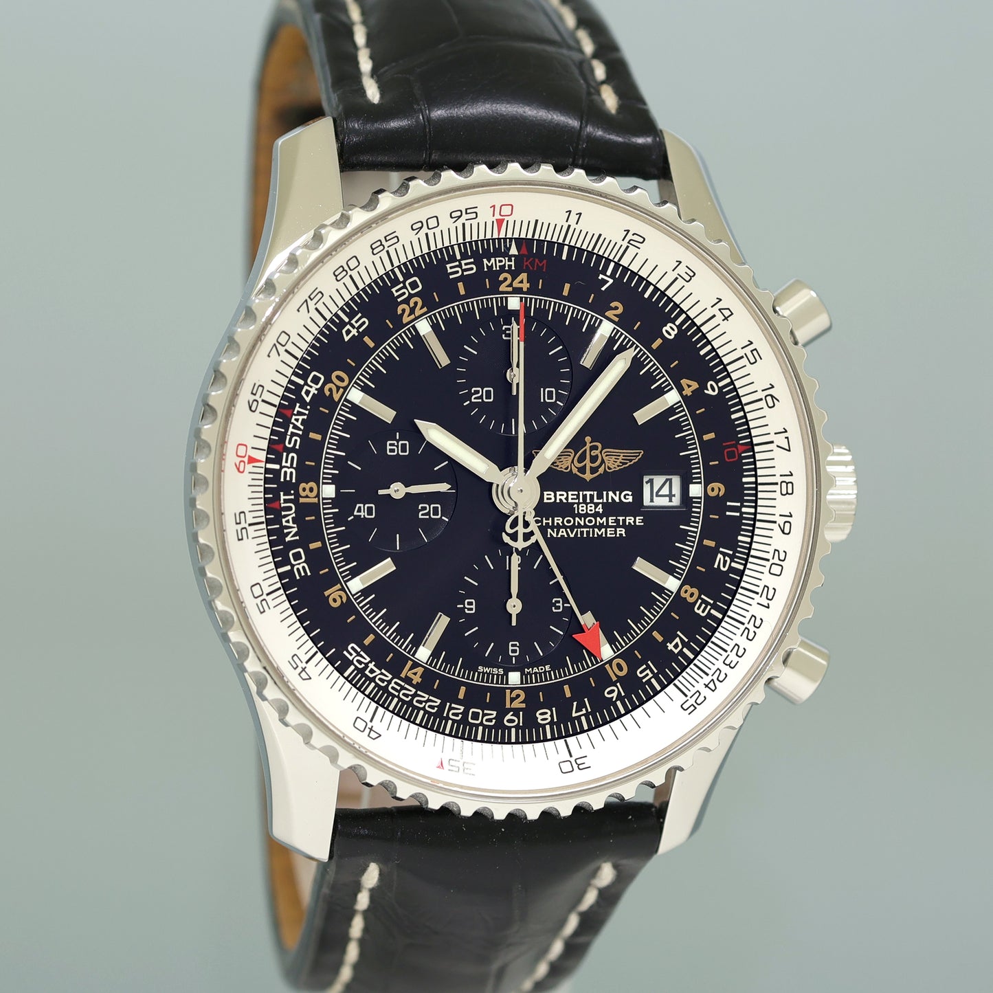 MINT Breitling Navitimer World A24322 46mm Black Steel Chrono GMT Watch