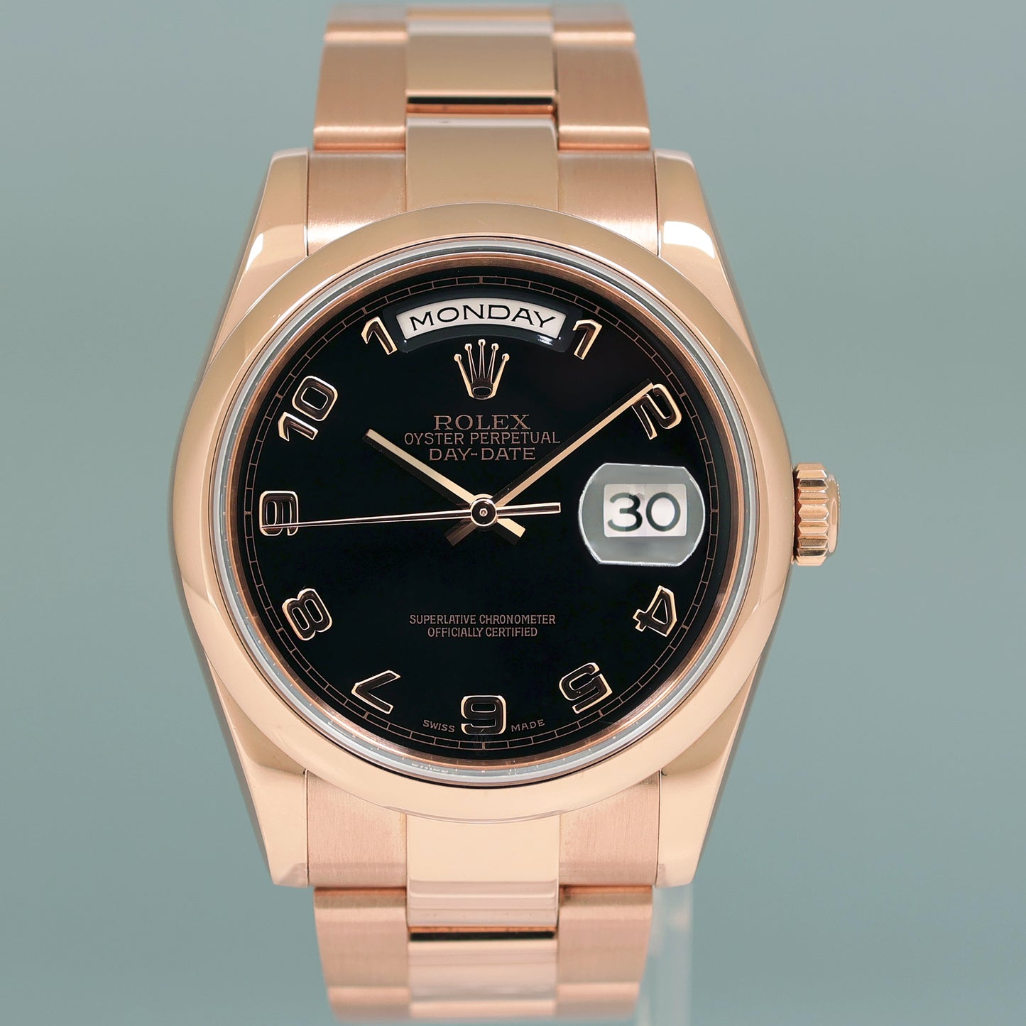 MINT Rolex President Day Date Rose Gold 118205 Black Arabic 36mm Watch Box