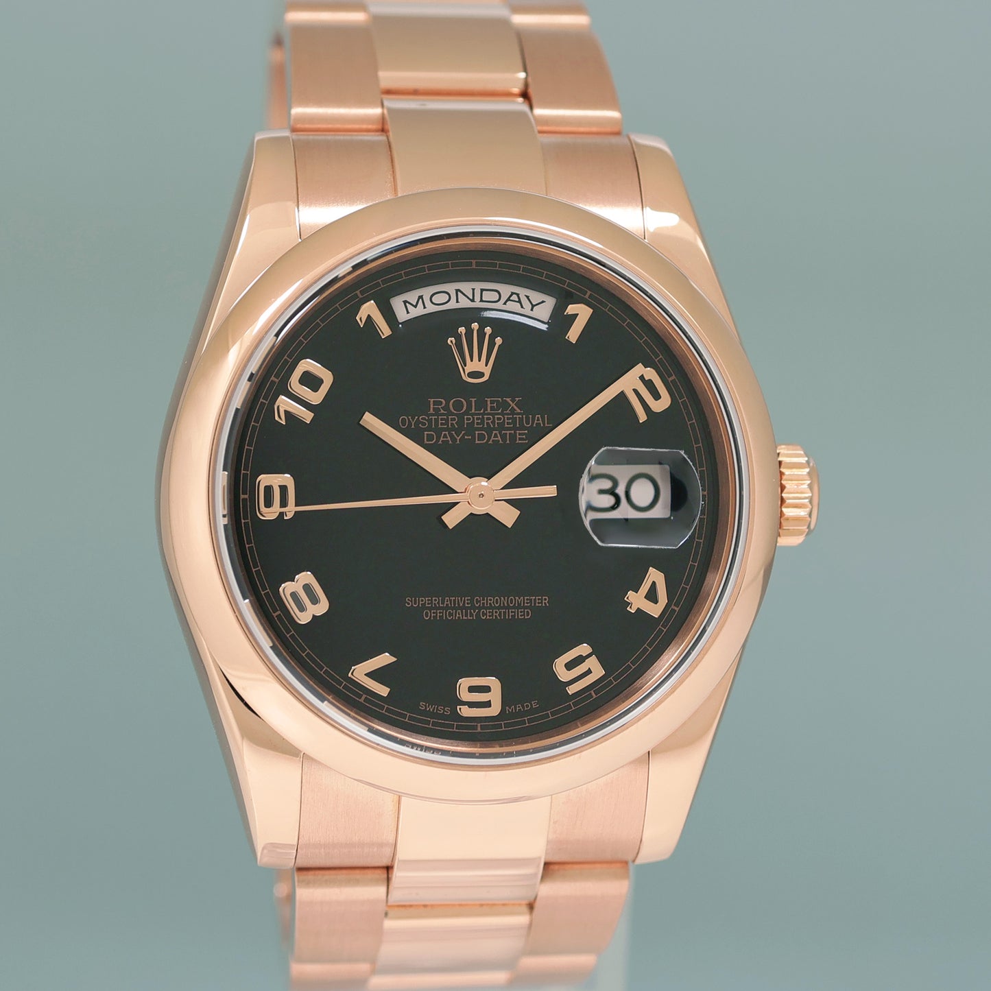 MINT Rolex President Day Date Rose Gold 118205 Black Arabic 36mm Watch Box