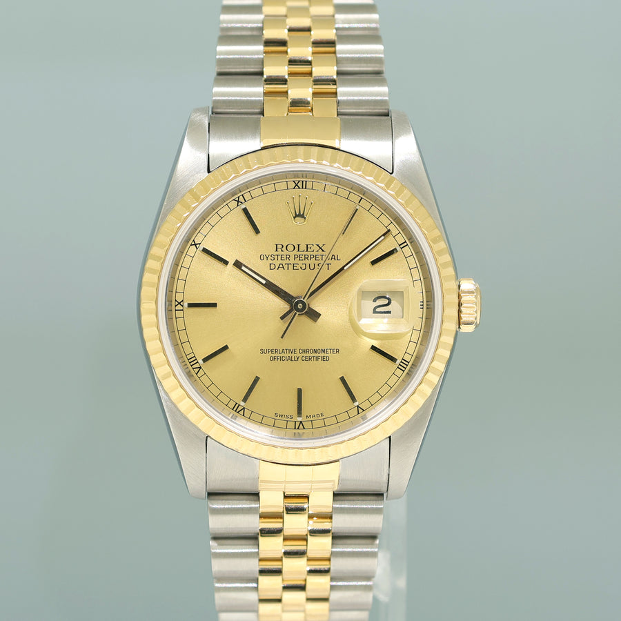 MINT PAPERS Rolex DateJust 16233 Champagne Stick Jubilee Yellow Gold Two Tone 36mm Watch