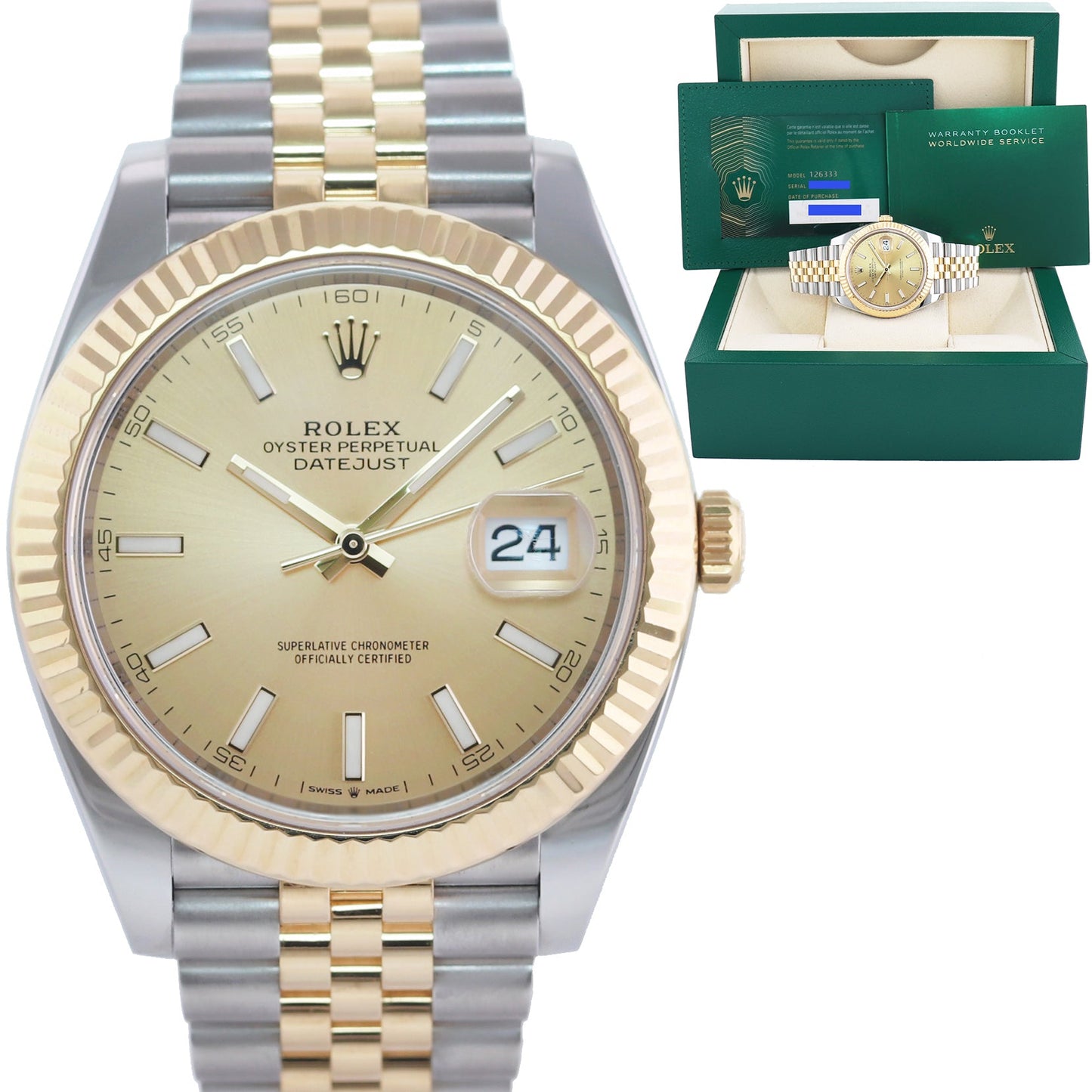 NEW 2022 PAPERS Rolex DateJust 41 126333 Two Tone Gold Champagne Jubilee Watch