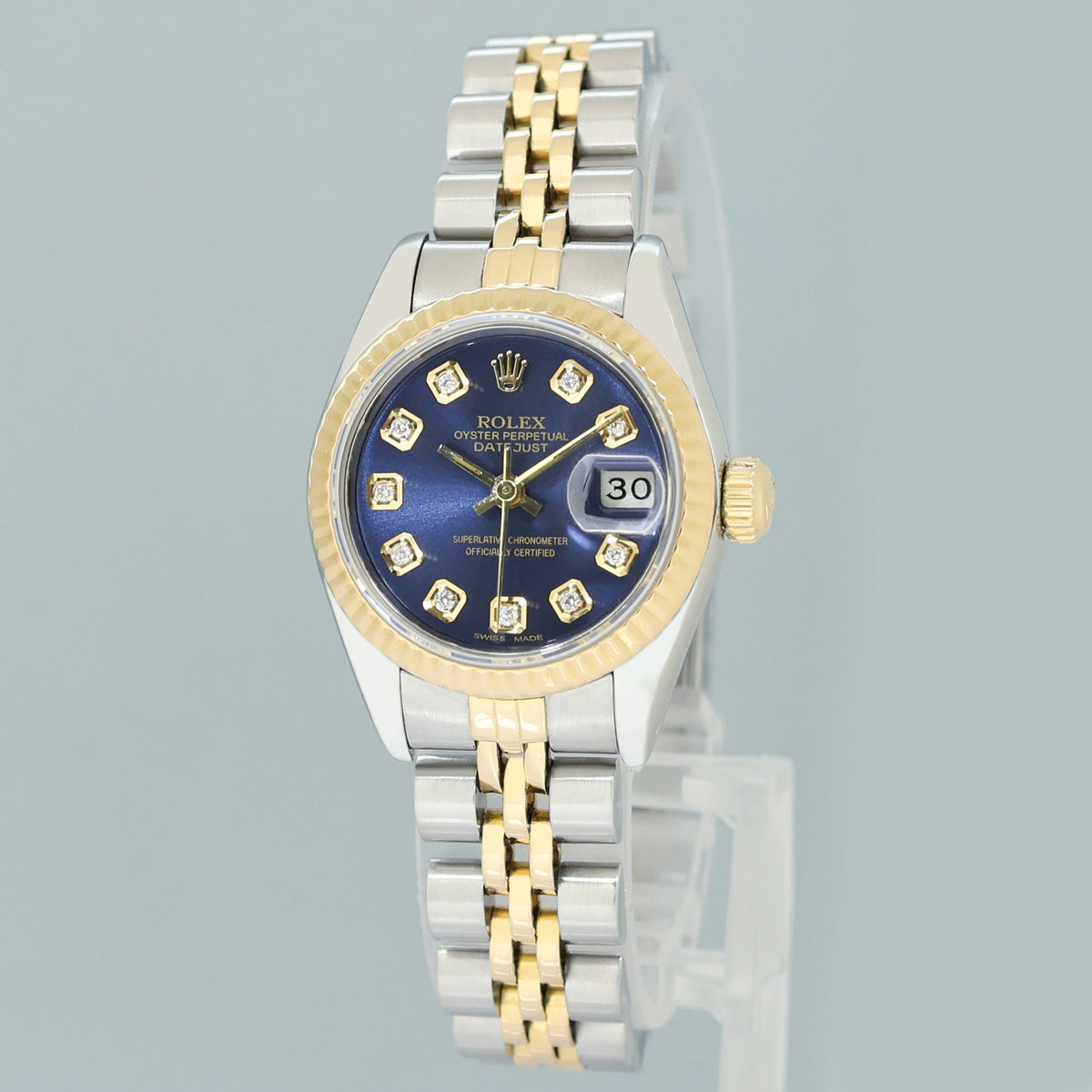 Ladies Rolex 26mm 69173 DateJust Blue Diamond Two Tone Yellow Gold Jubilee Watch