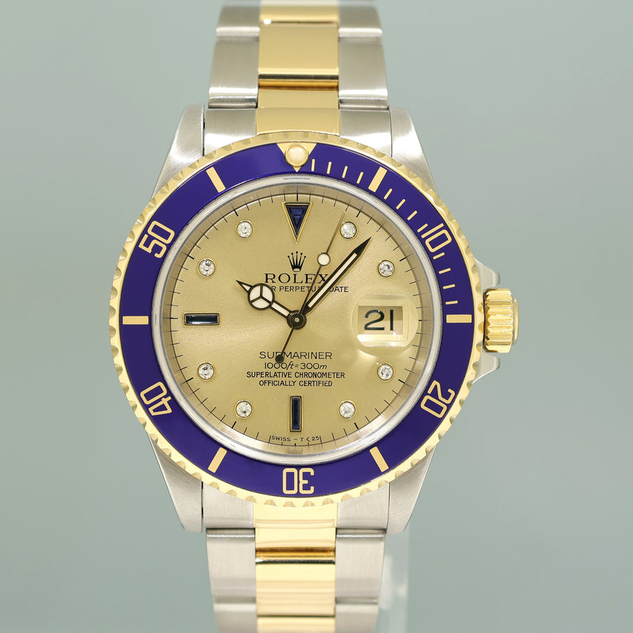 MINT Rolex Submariner 16613 Two Tone Gold Champagne Serti Diamond Watch Box