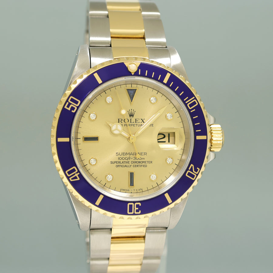 MINT Rolex Submariner 16613 Two Tone Gold Champagne Serti Diamond Watch Box