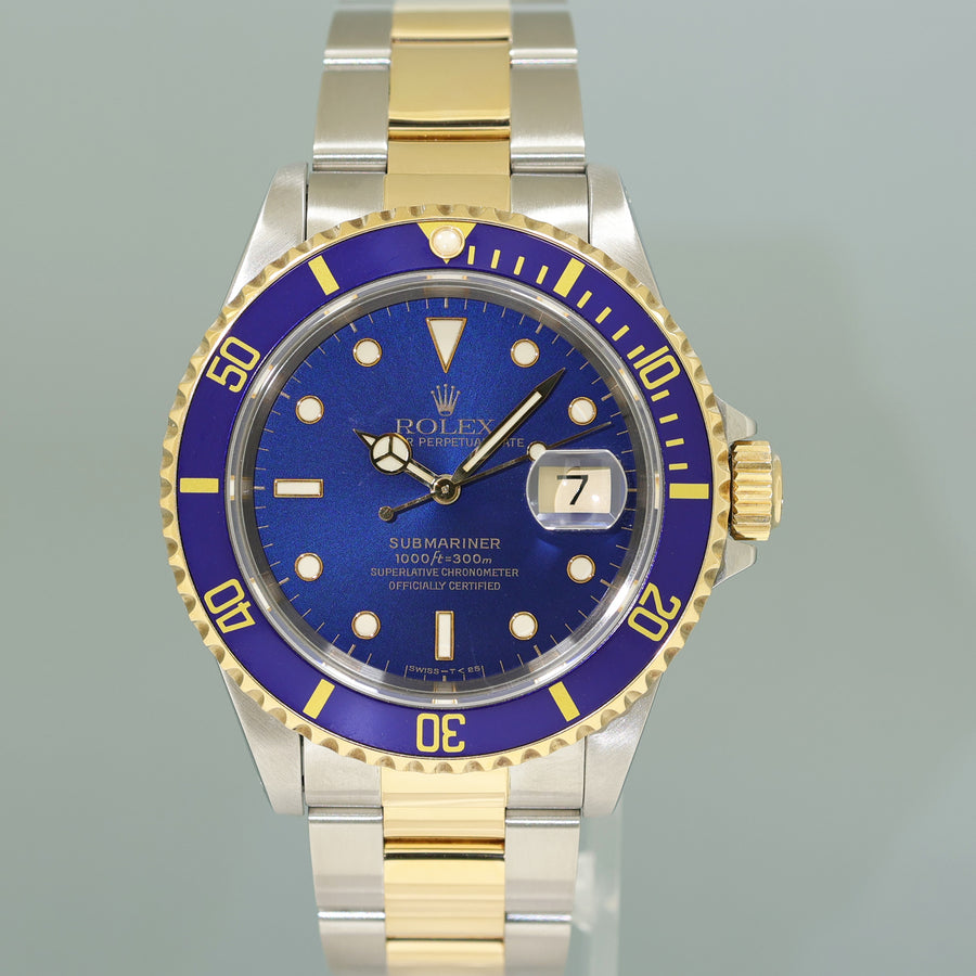 1989 MINT Rolex Submariner 16613LB Gold Steel Two Tone Yellow Gold Sunburst Blue Dial Watch