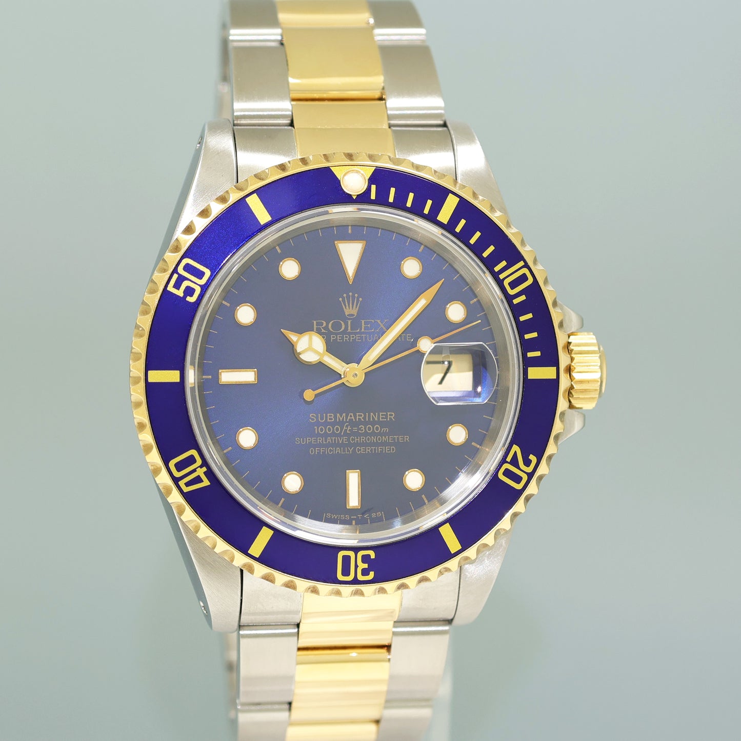 1989 MINT Rolex Submariner 16613LB Gold Steel Two Tone Yellow Gold Sunburst Blue Dial Watch