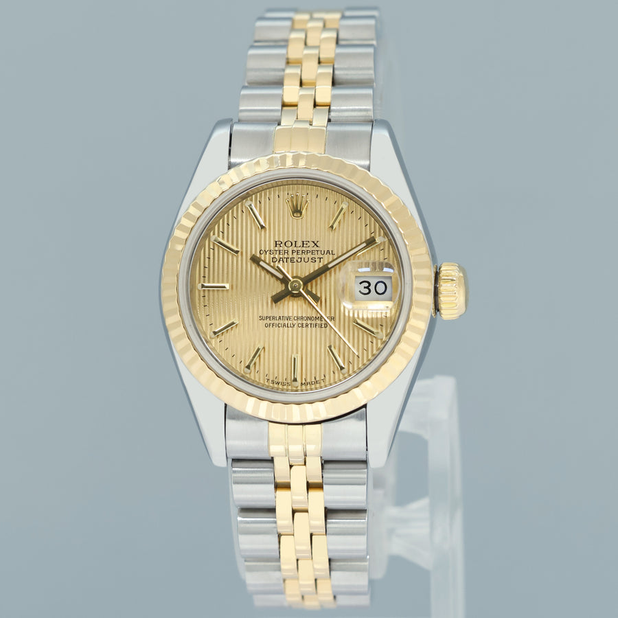 MINT Rolex 26mm Ladies DateJust 69173 Champagne Tapestry Two Tone Gold Jubilee Watch