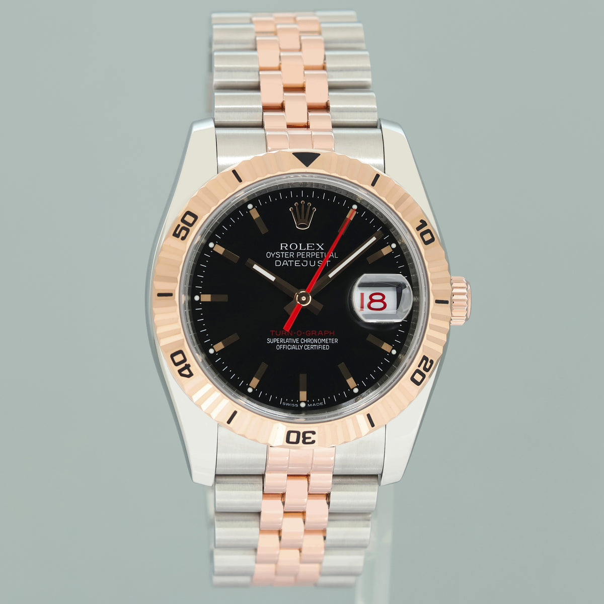 2005 Rolex DateJust Turn-O-Graph 116261 Rose Gold Two Tone Steel Black Jubilee Watch