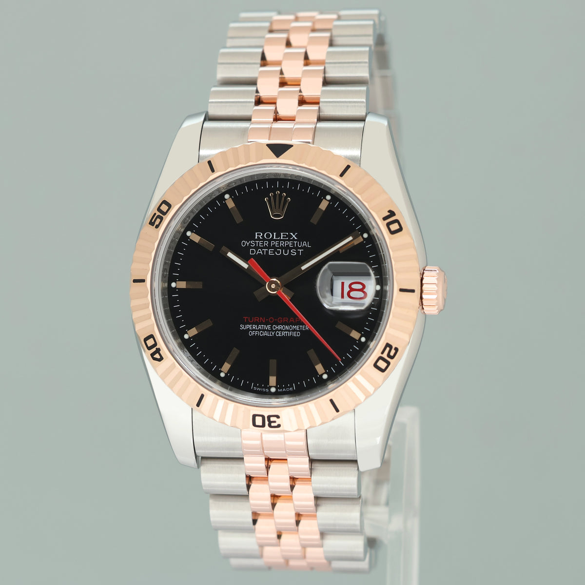 2005 Rolex DateJust Turn-O-Graph 116261 Rose Gold Two Tone Steel Black Jubilee Watch