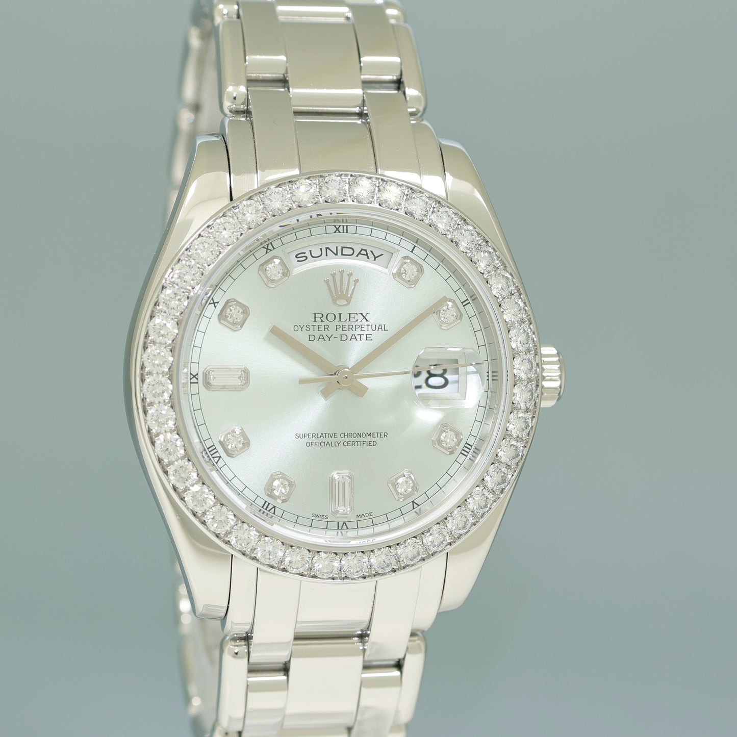 MINT Rolex Platinum Masterpiece 18946 Glacier Blue Diamond 39mm MOP Diamond Watch