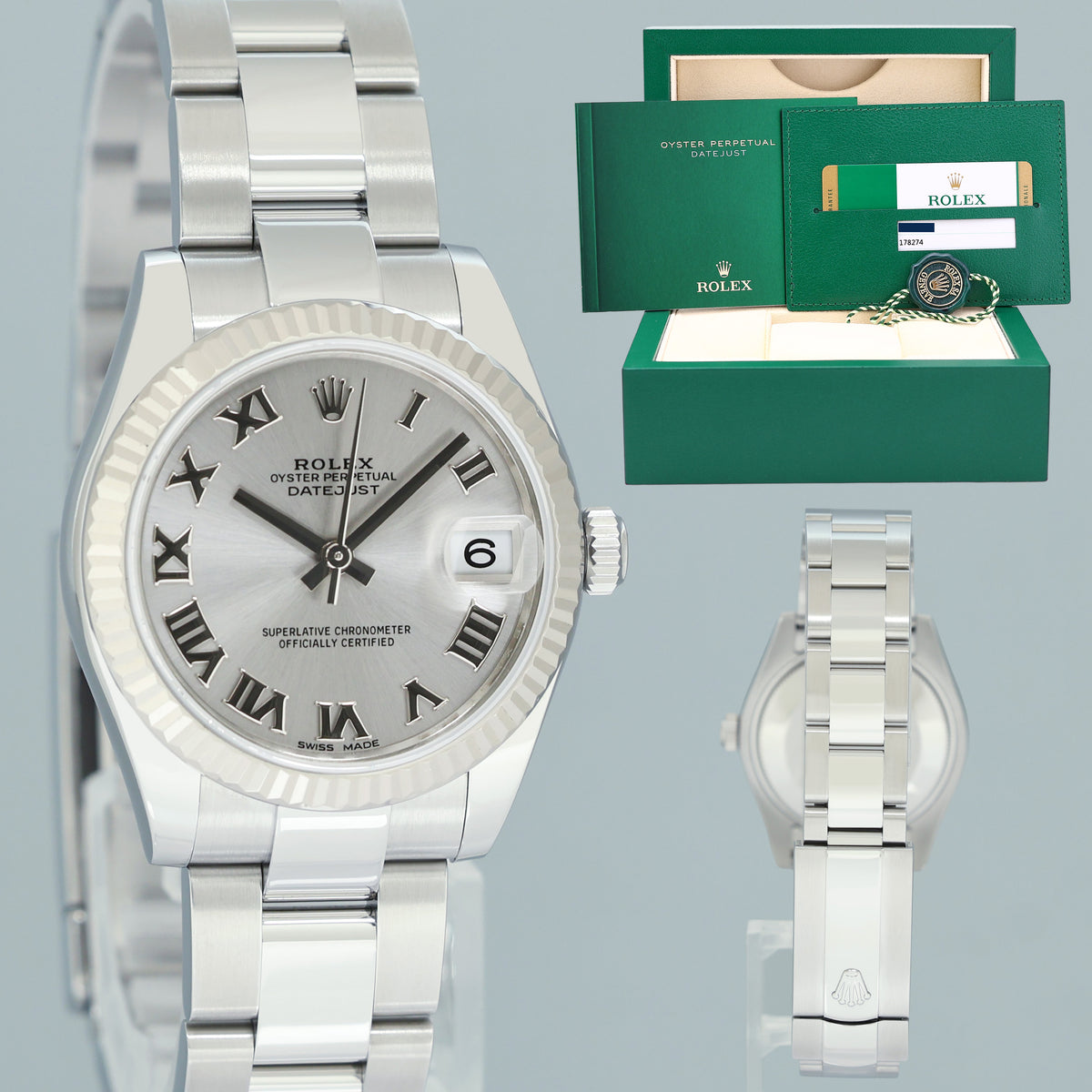 2019 PAPERS MINT Ladies Rolex DateJust Midsize 31mm Rhodium Roman 178274 Watch Box