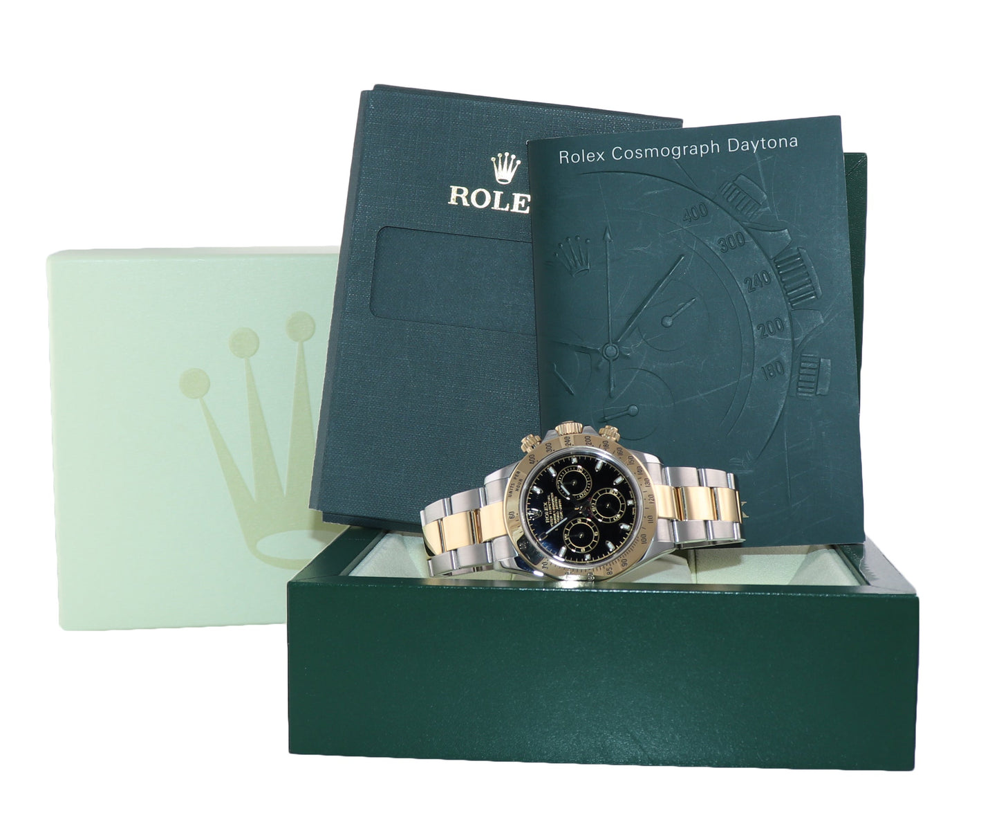 MINT Rolex Daytona 116523 Chronograph Black Steel Yellow Gold Two Tone Watch Box