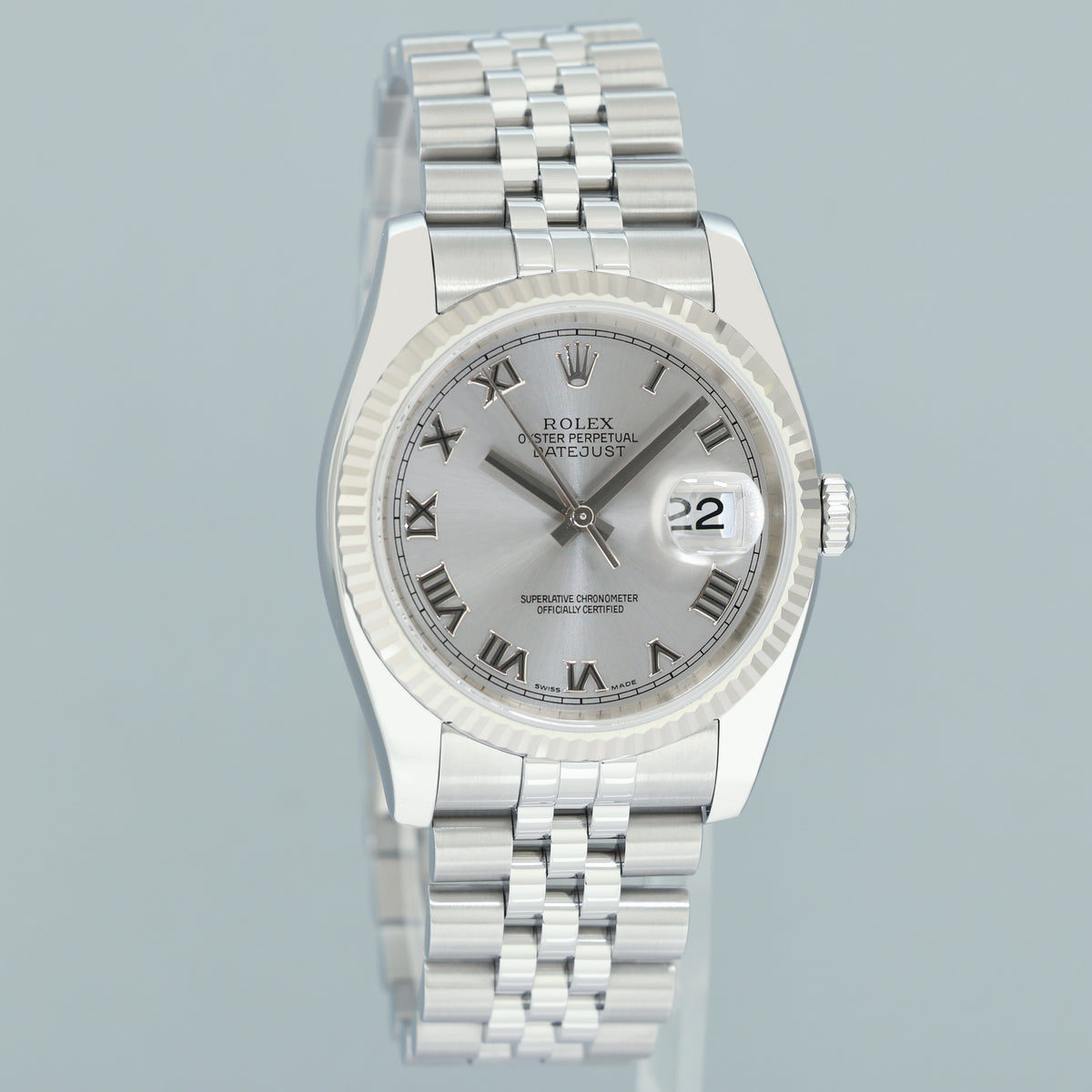 2006 MINT Papers Rolex 116234 DateJust Steel Rhodium Roman 36mm Jubilee Steel Watch