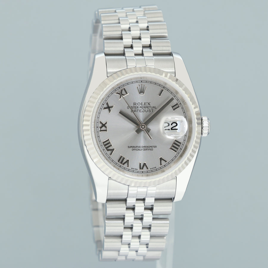 2006 MINT Papers Rolex 116234 DateJust Steel Rhodium Roman 36mm Jubilee Steel Watch