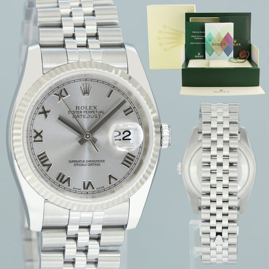 2006 MINT Papers Rolex 116234 DateJust Steel Rhodium Roman 36mm Jubilee Steel Watch