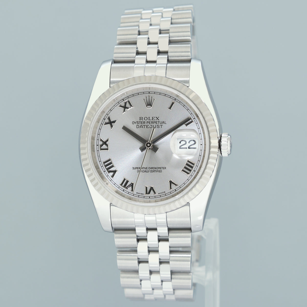 2006 MINT Papers Rolex 116234 DateJust Steel Rhodium Roman 36mm Jubilee Steel Watch