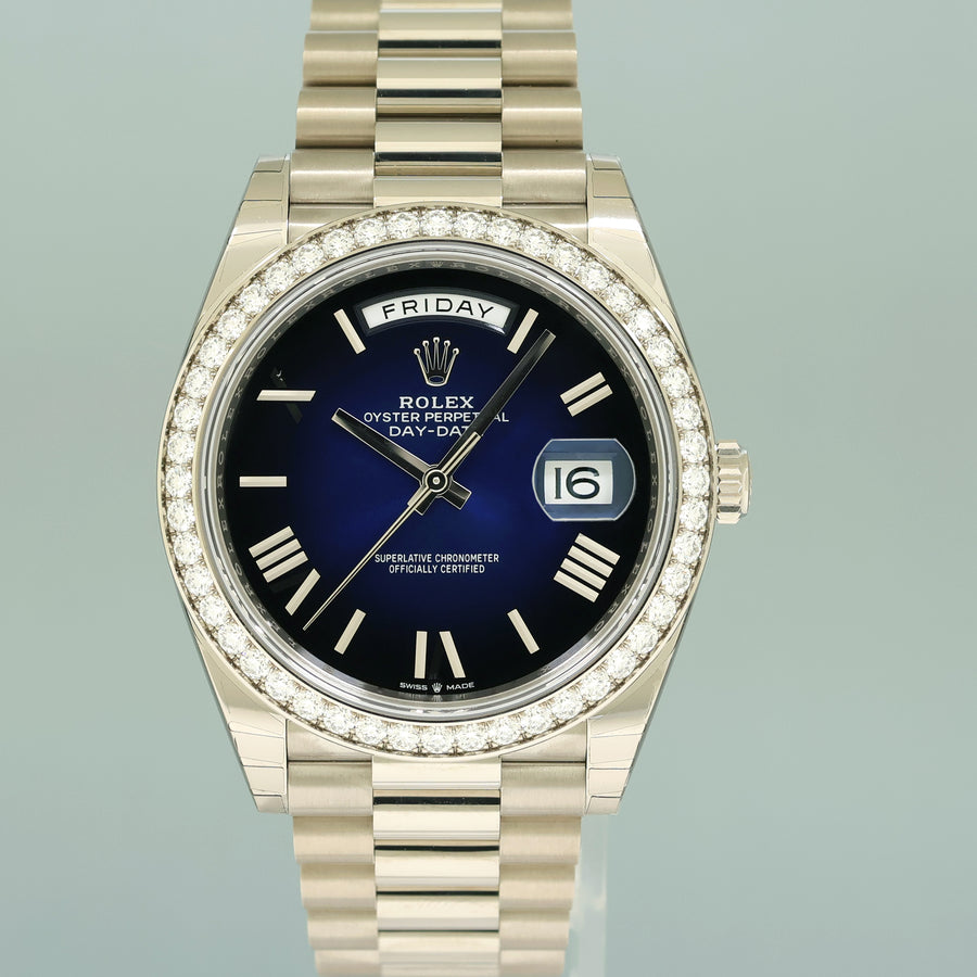 2025 NEW PAPERS Rolex Day Date 40 White Gold Blue Ombre Diamond 228349RBR Watch