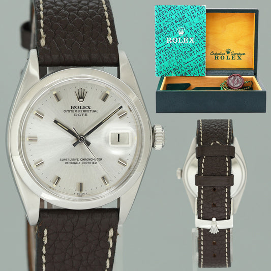 Rolex 1500 Date 34mm Steel Oyster Silver Stick Leather Automatic Watch Box