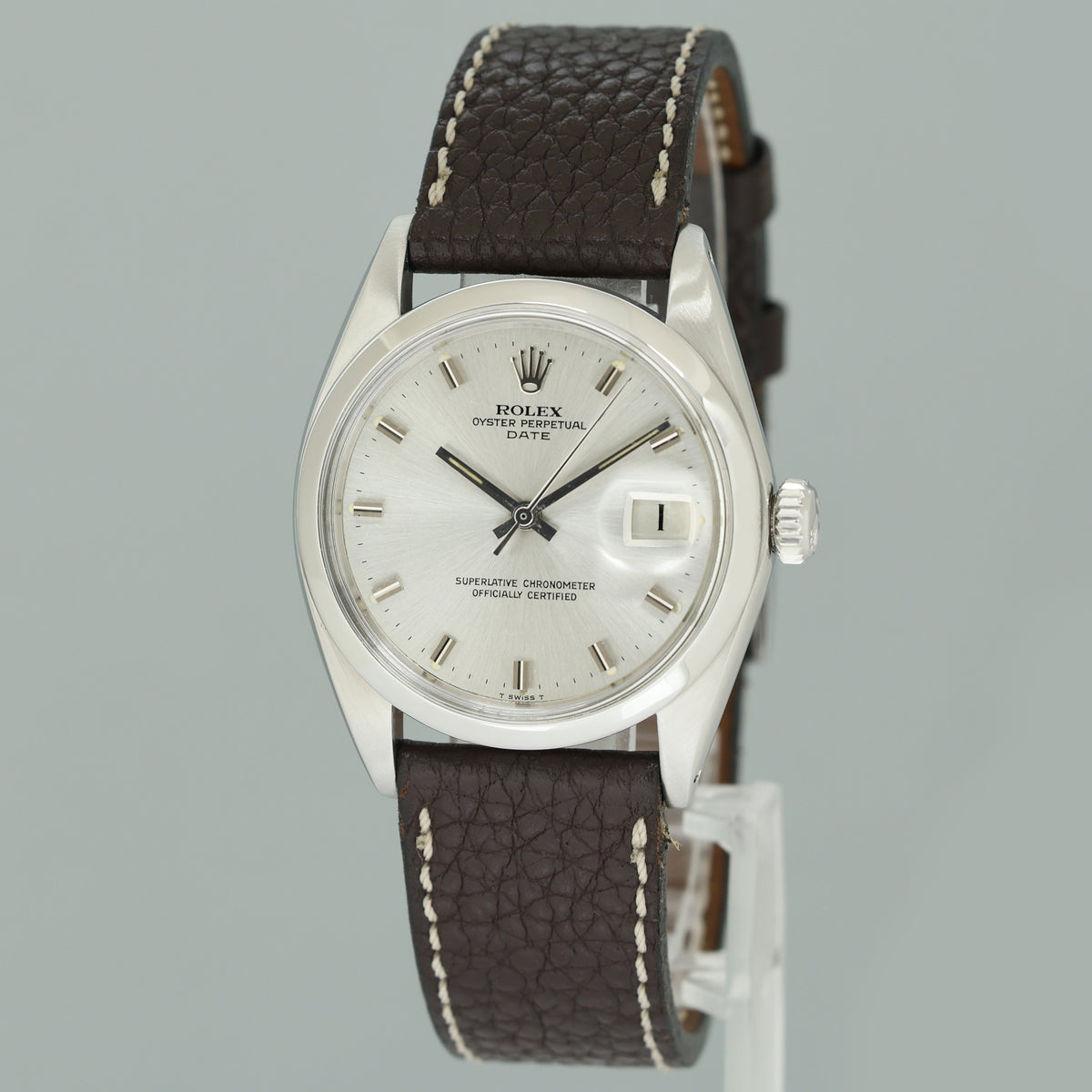 Rolex 1500 Date 34mm Steel Oyster Silver Stick Leather Automatic Watch Box