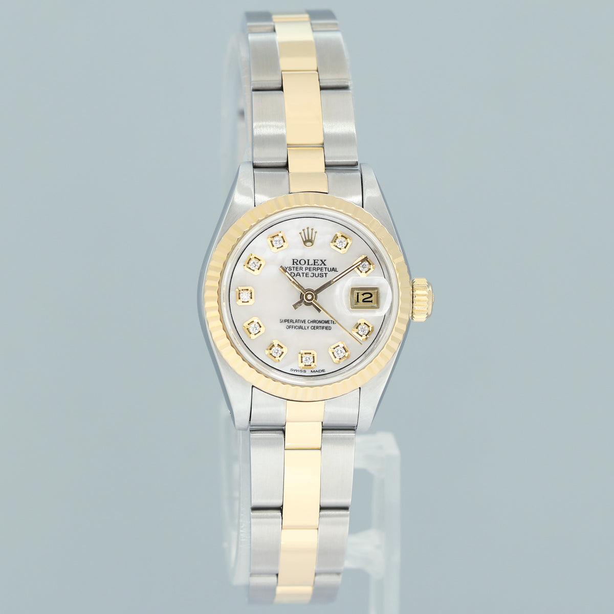 Papers MOP Diamond Pearl Ladies Rolex DateJust 26mm 69173 Two Tone Gold Oyster Watch