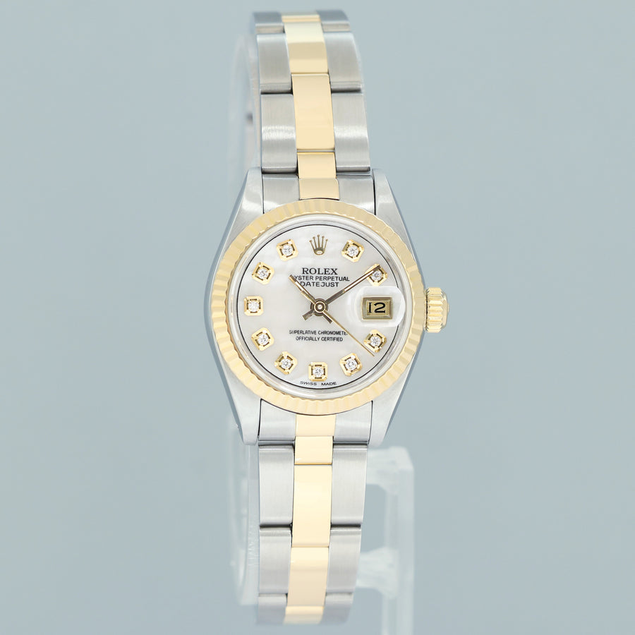 Papers MOP Diamond Pearl Ladies Rolex DateJust 26mm 69173 Two Tone Gold Oyster Watch