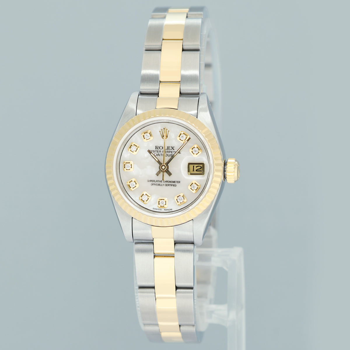 Papers MOP Diamond Pearl Ladies Rolex DateJust 26mm 69173 Two Tone Gold Oyster Watch