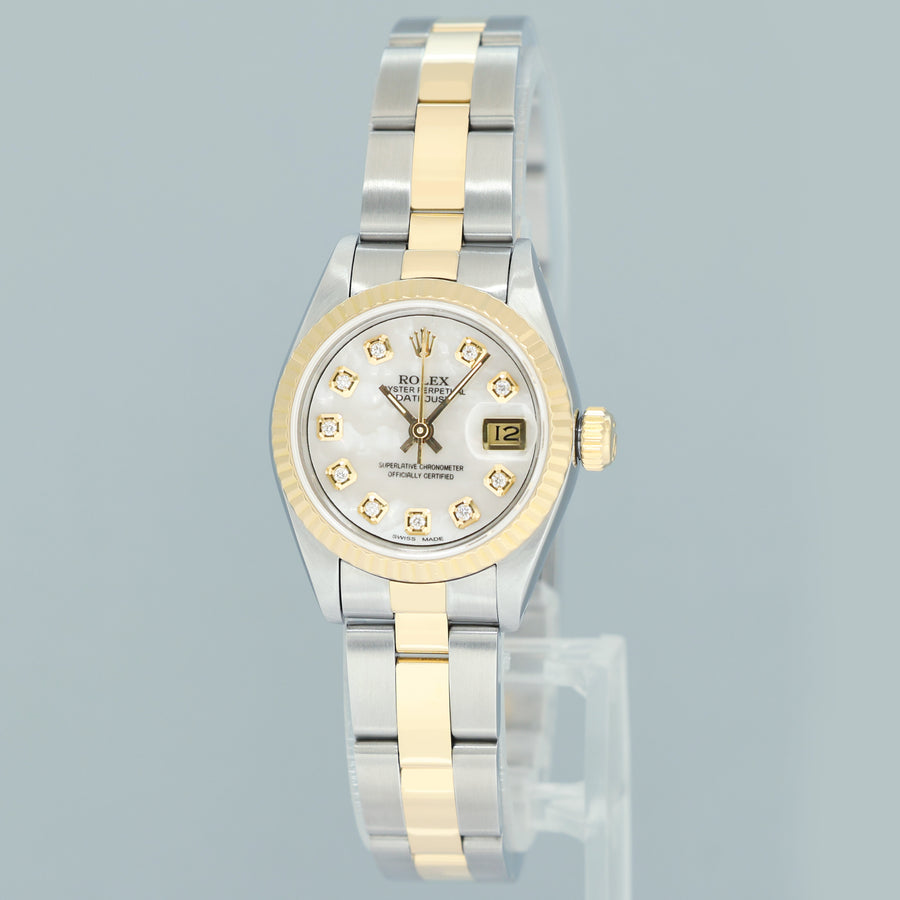 Papers MOP Diamond Pearl Ladies Rolex DateJust 26mm 69173 Two Tone Gold Oyster Watch