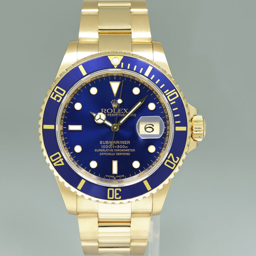PAPERS 2008 Rolex 16618 Submariner Yellow Gold Blue Rehaut Sunburst Dial Watch Box