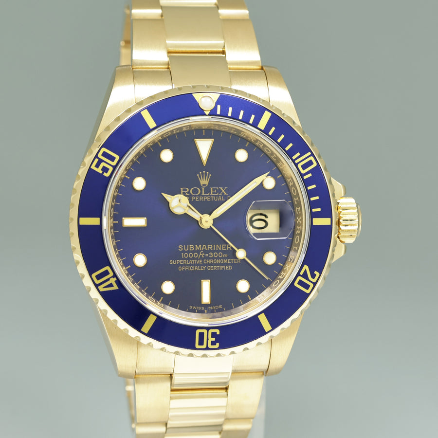 PAPERS 2008 Rolex 16618 Submariner Yellow Gold Blue Rehaut Sunburst Dial Watch Box