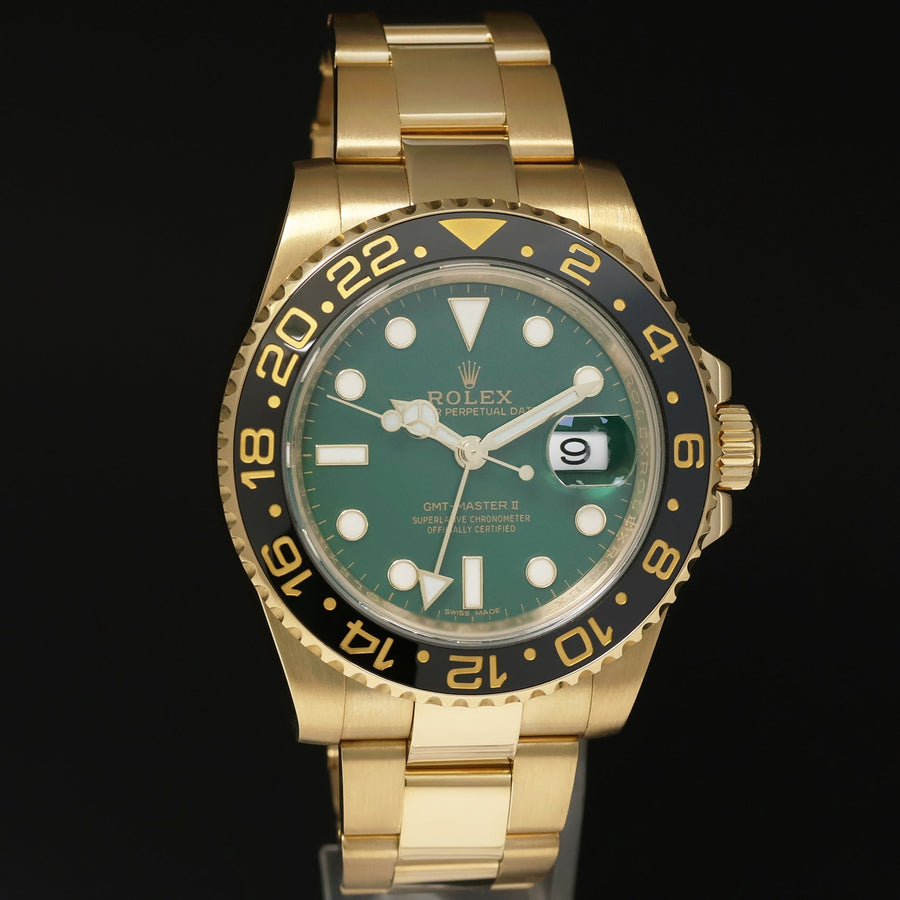 MINT Rolex GMT-Master II 2 Ceramic Green Dial 116718 Yellow Gold Watch Box