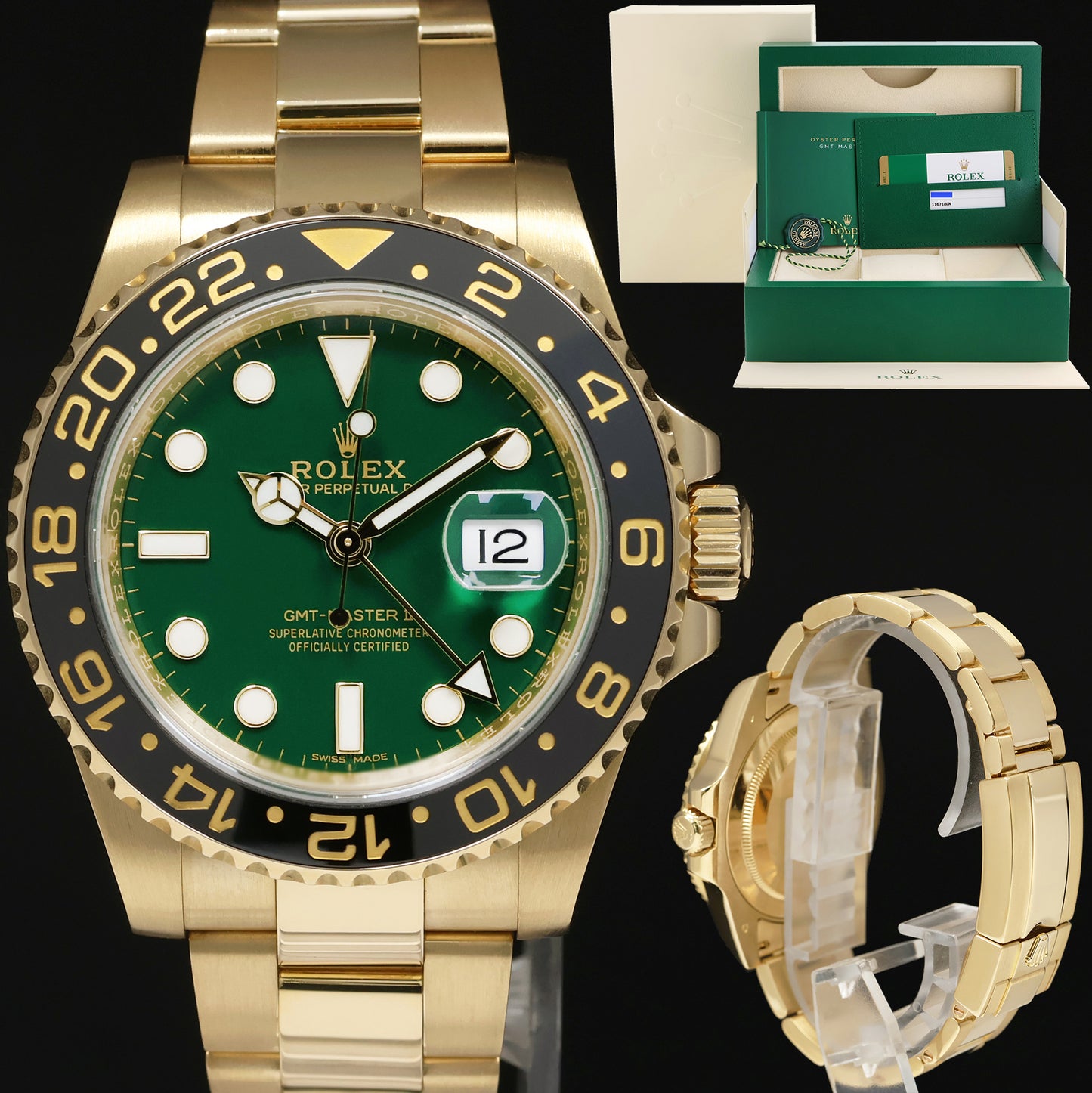 MINT 2016 PAPERS Rolex 116718LN GMT-Master II Ceramic Green Yellow Gold 40mm Watch