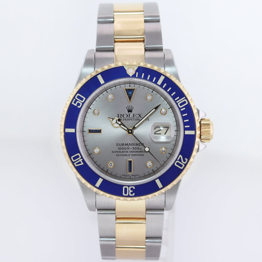 MINT Rolex Gold Buckle Rolex Submariner 16613 Two Tone Gold Silver Serti Diamond Watch