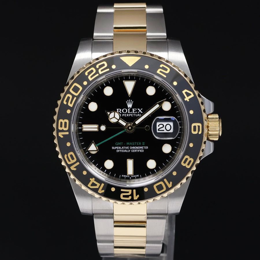 2016 MINT PAPERS Rolex GMT-Master 2 Ceramic 116713 Black Two Tone Steel Gold Watch