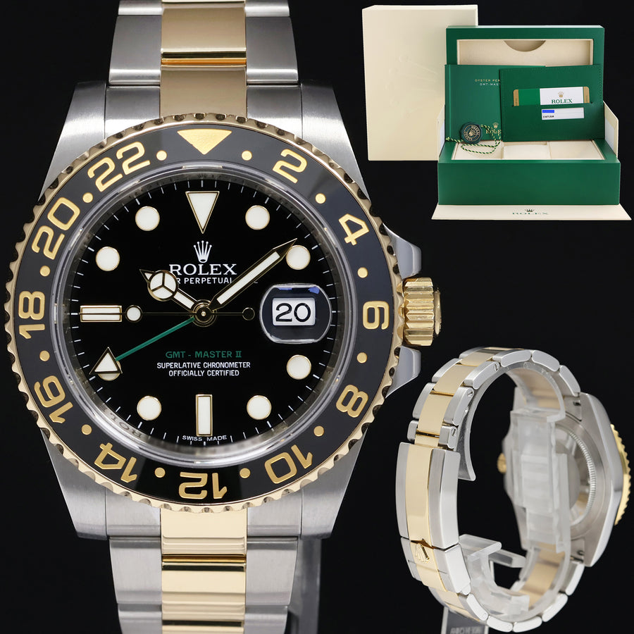 2016 MINT PAPERS Rolex GMT-Master 2 Ceramic 116713 Black Two Tone Steel Gold Watch