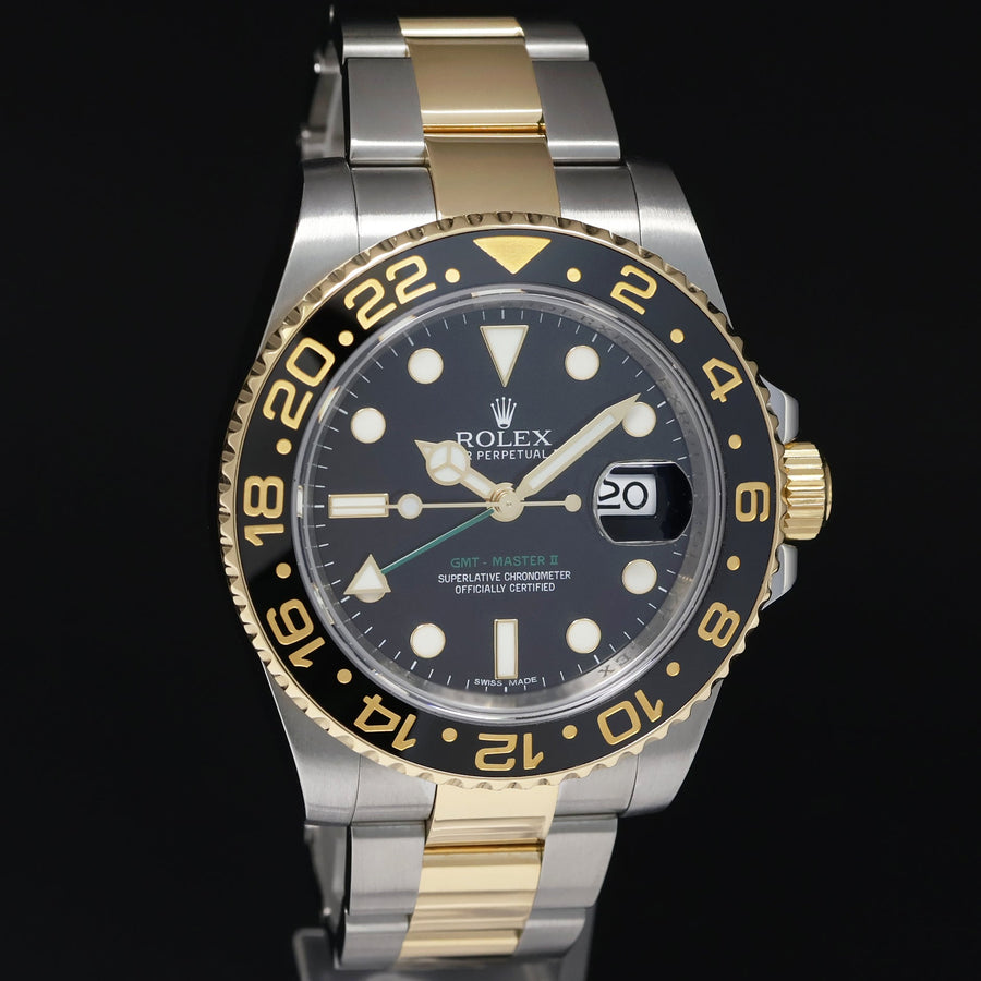 2016 MINT PAPERS Rolex GMT-Master 2 Ceramic 116713 Black Two Tone Steel Gold Watch