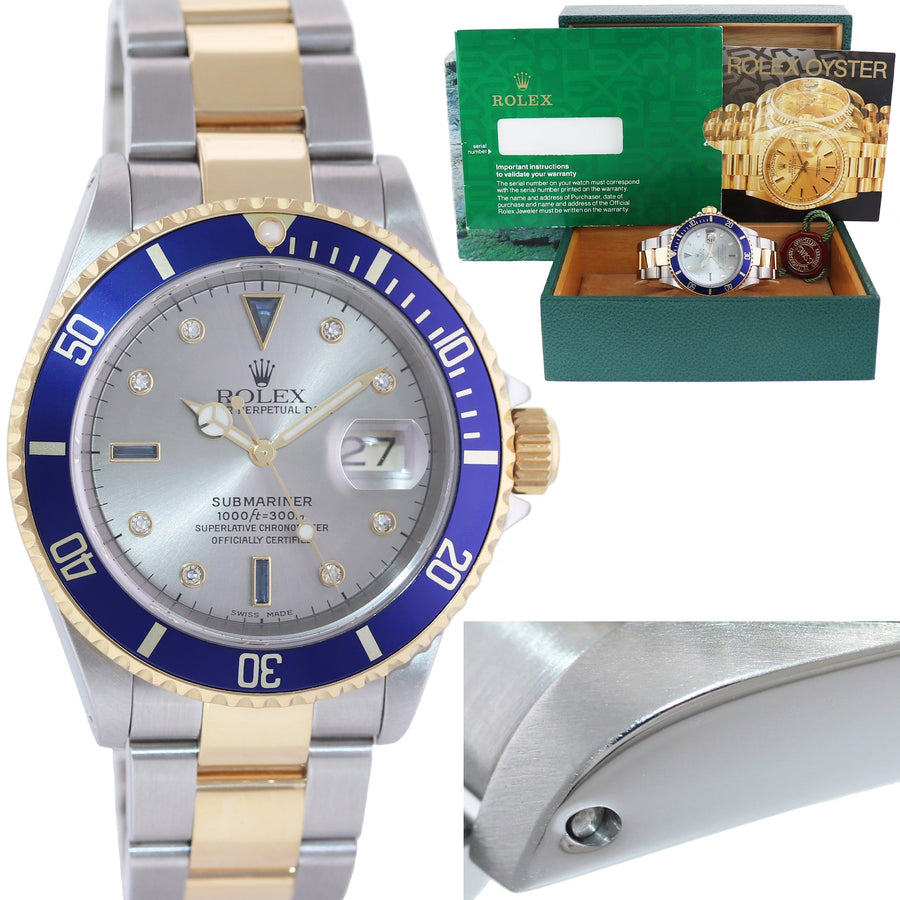 MINT Rolex Gold Buckle Rolex Submariner 16613 Two Tone Gold Silver Serti Diamond Watch