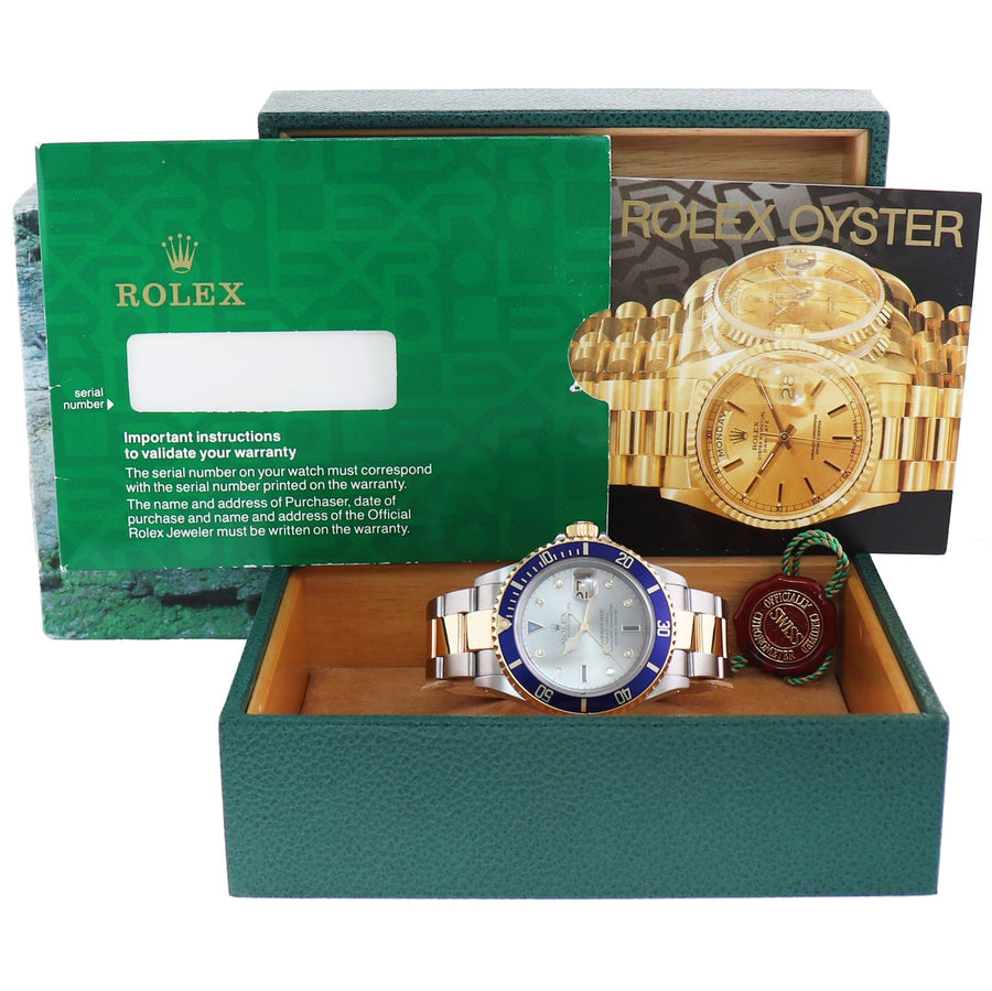 MINT Rolex Gold Buckle Rolex Submariner 16613 Two Tone Gold Silver Serti Diamond Watch