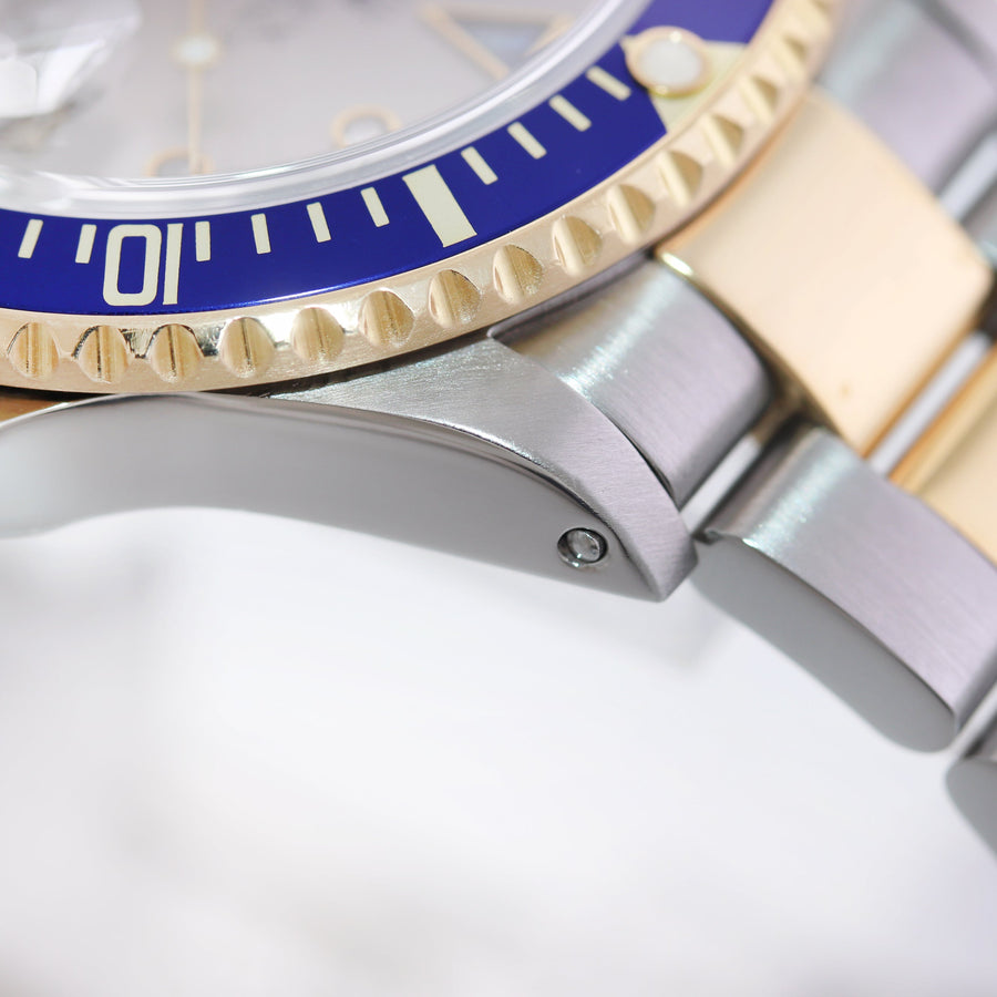 MINT Rolex Gold Buckle Rolex Submariner 16613 Two Tone Gold Silver Serti Diamond Watch