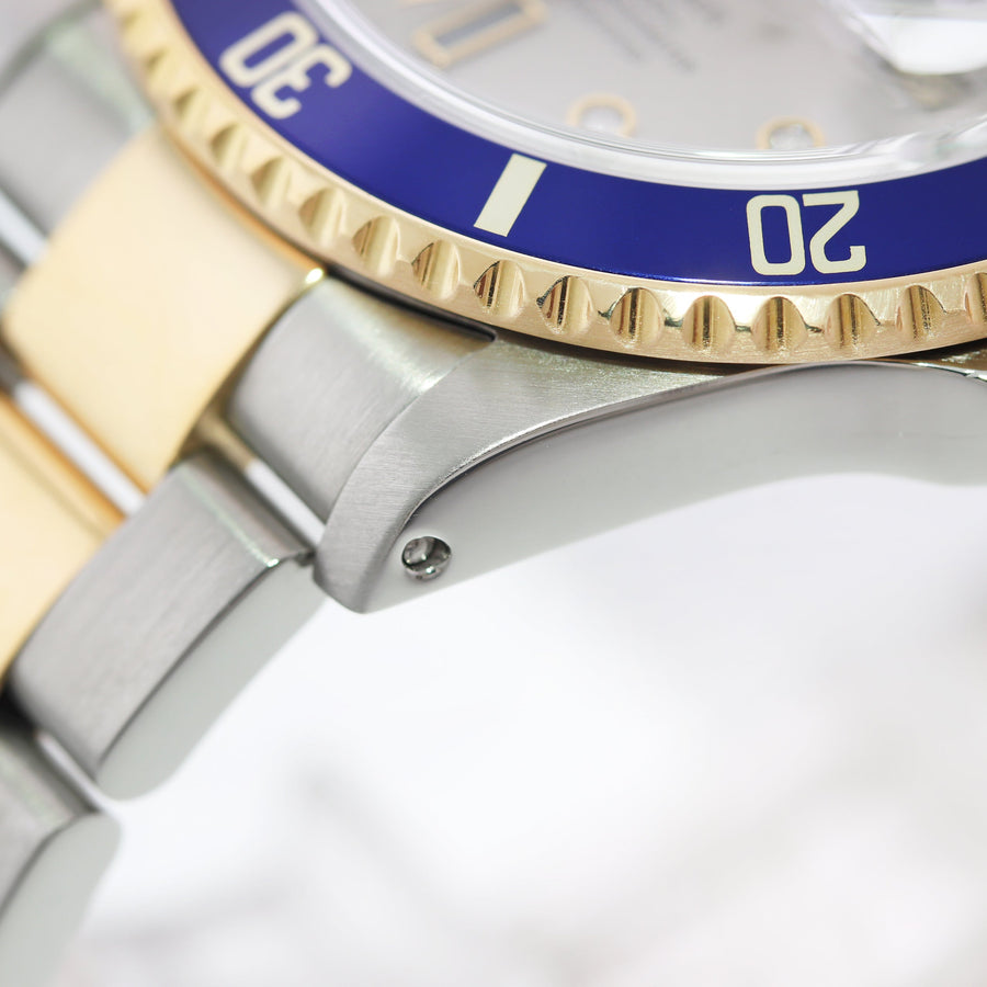 MINT Rolex Gold Buckle Rolex Submariner 16613 Two Tone Gold Silver Serti Diamond Watch