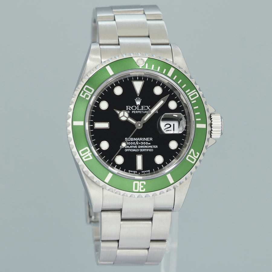 MINT Rolex Flat 4 Kermit F Serial 16610LV Green Submariner 40mm Watch Box