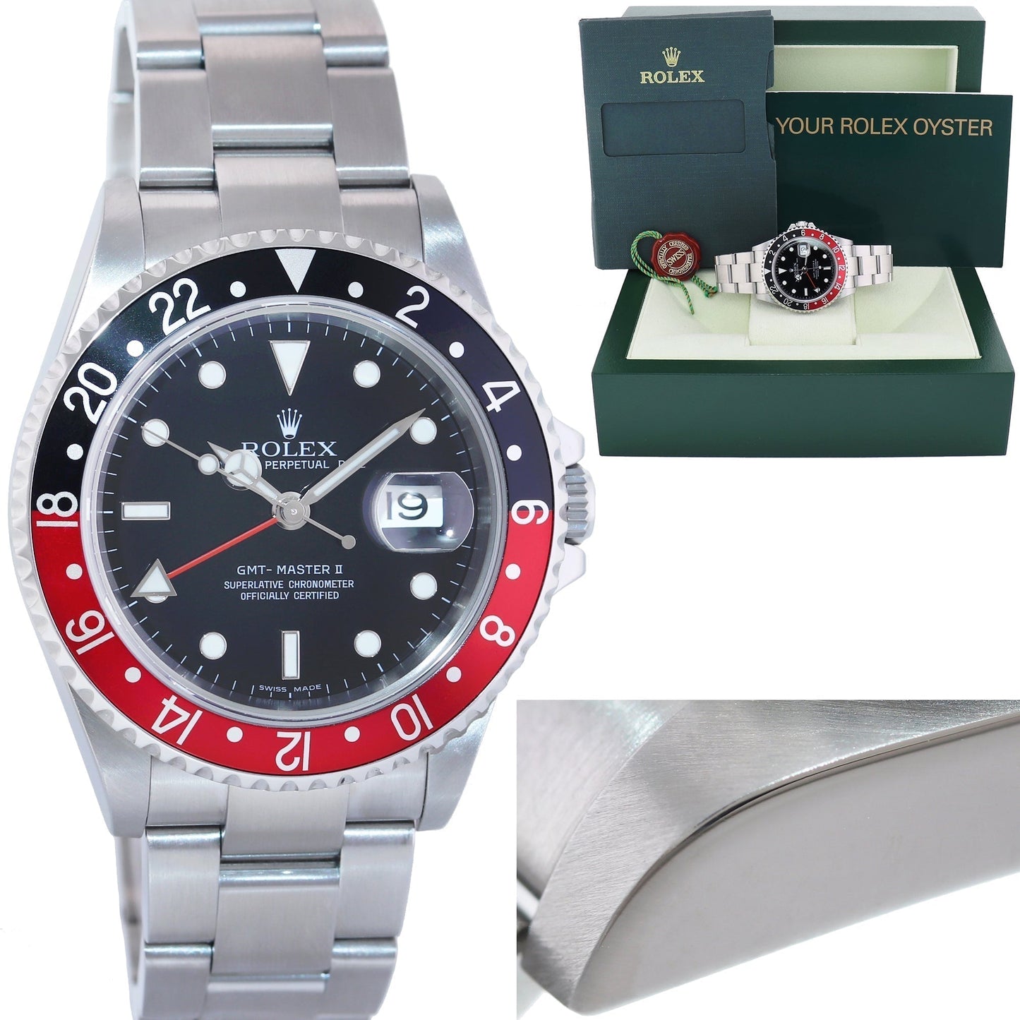 MINT 2004 Rolex GMT-Master II 2 Coke Black Red Steel No Holes 16710 Watch Box