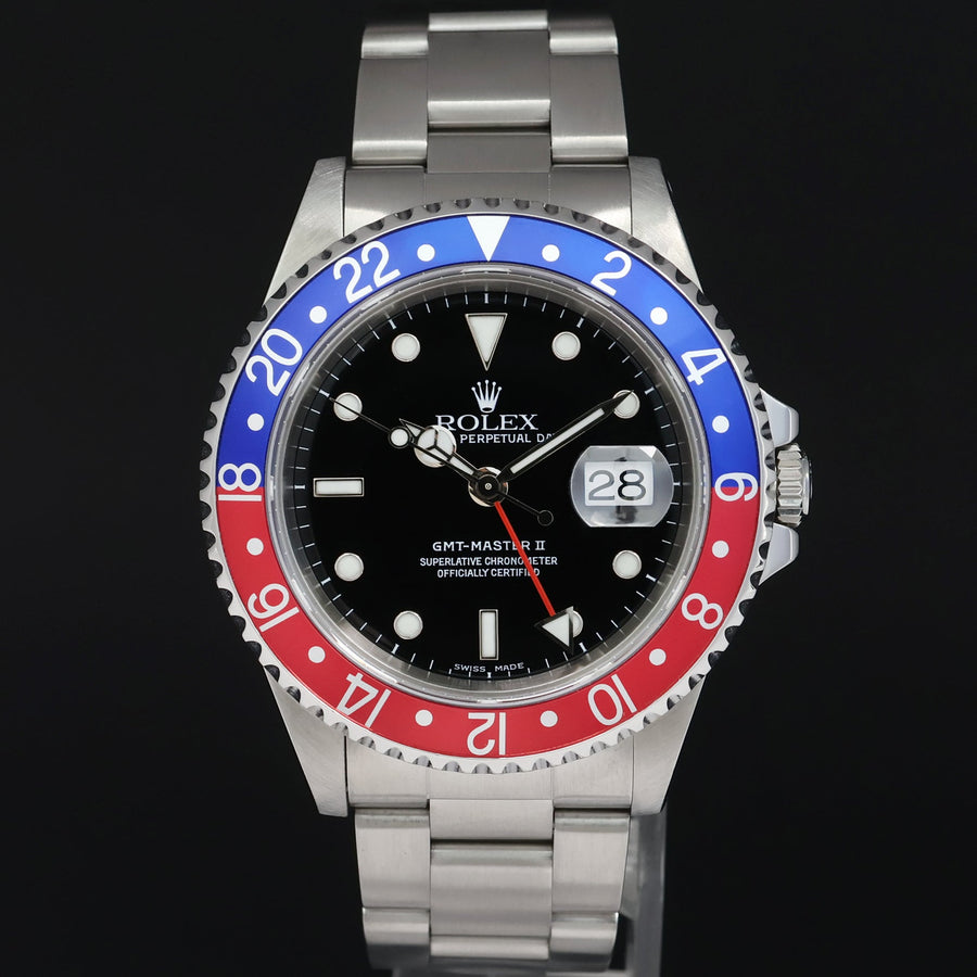 2002 MINT Rolex GMT-Master 2 Pepsi Blue Red Steel 16710 Watch Black Watch Box