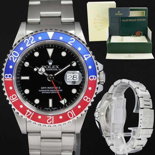 2002 MINT Rolex GMT-Master 2 Pepsi Blue Red Steel 16710 Watch Black Watch Box