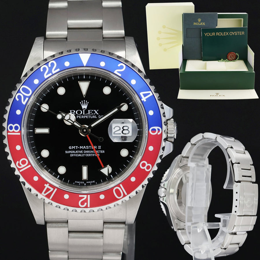 2002 MINT Rolex GMT-Master 2 Pepsi Blue Red Steel 16710 Watch Black Watch Box