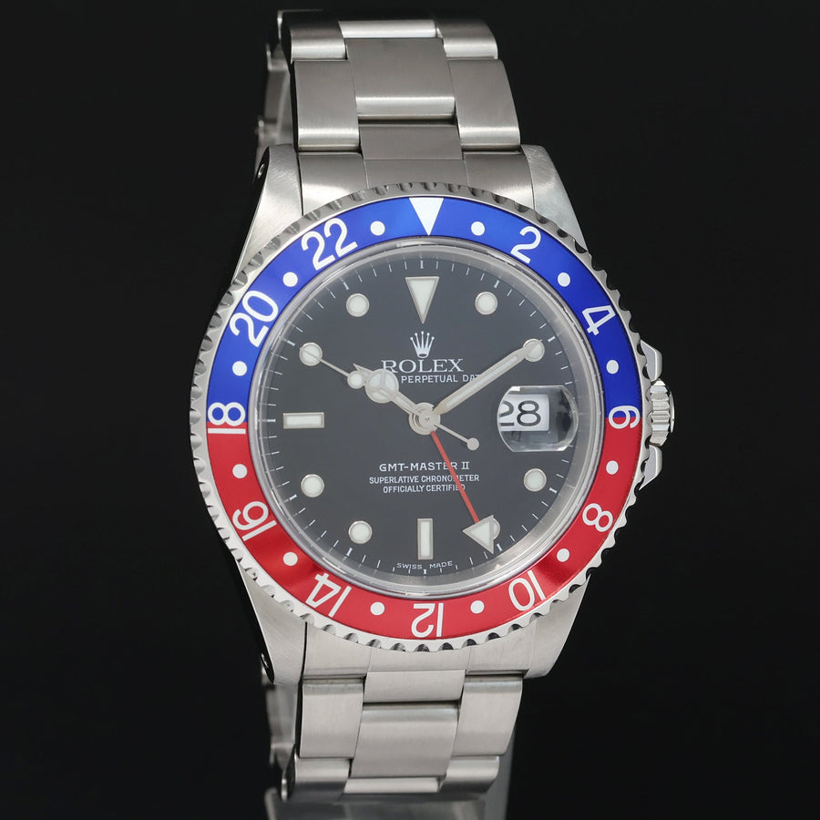 2002 MINT Rolex GMT-Master 2 Pepsi Blue Red Steel 16710 Watch Black Watch Box