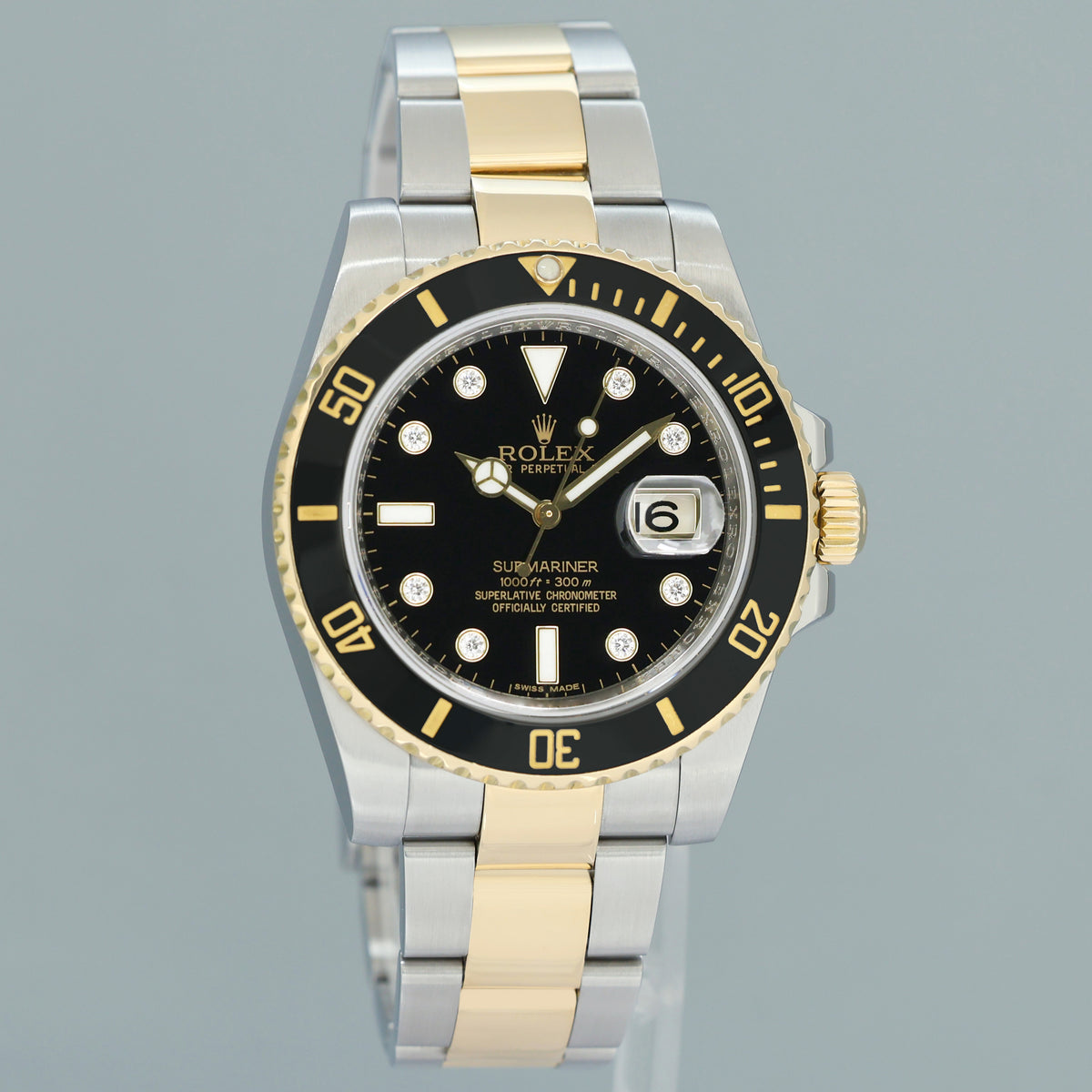 MINT Rolex Submariner 116613LN Two Tone Steel Yellow Gold Black Diamond Serti Watch